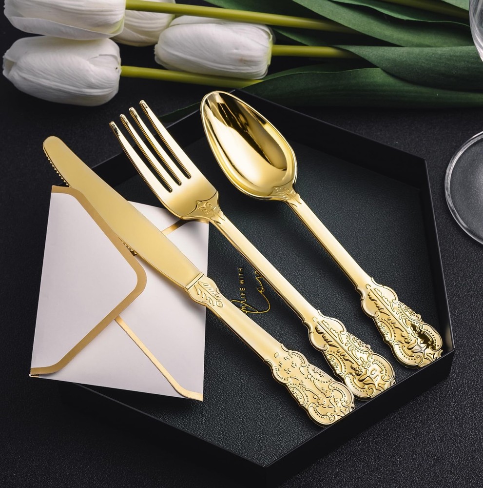 N9R 120PCS Gold Plastic Silverware, Disposable Silverware Include 40 Forks, 4...