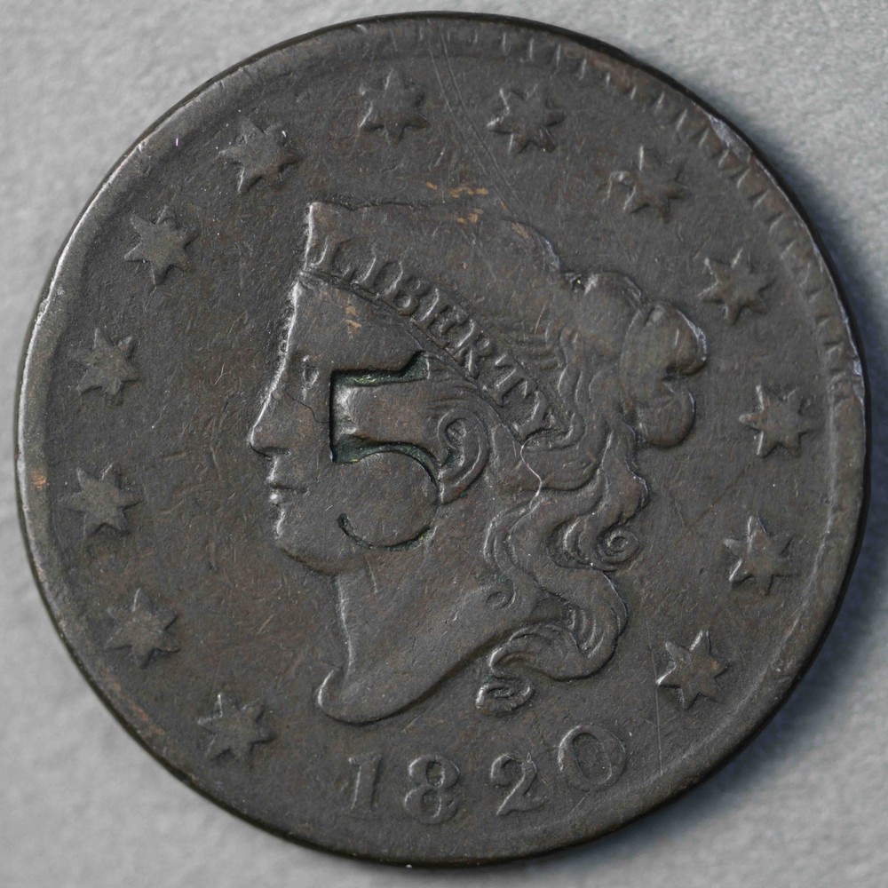 1820 Matron Head Large Cent Early Copper Type Coin, Countermark "5"