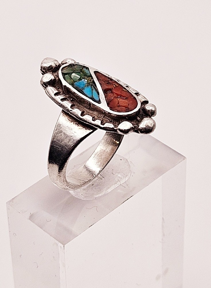 Sterling silver coral & turquoise multi stone inlay native ring