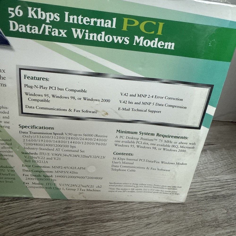 56K Internal Data/Fax Modem PCI Version Windows New Sealed Software Included