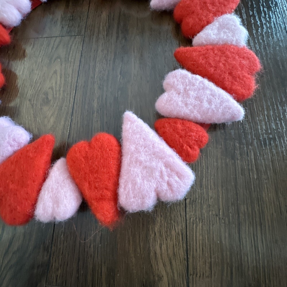 Valentines Wool Felt Hearts Wreath 16” Diameter