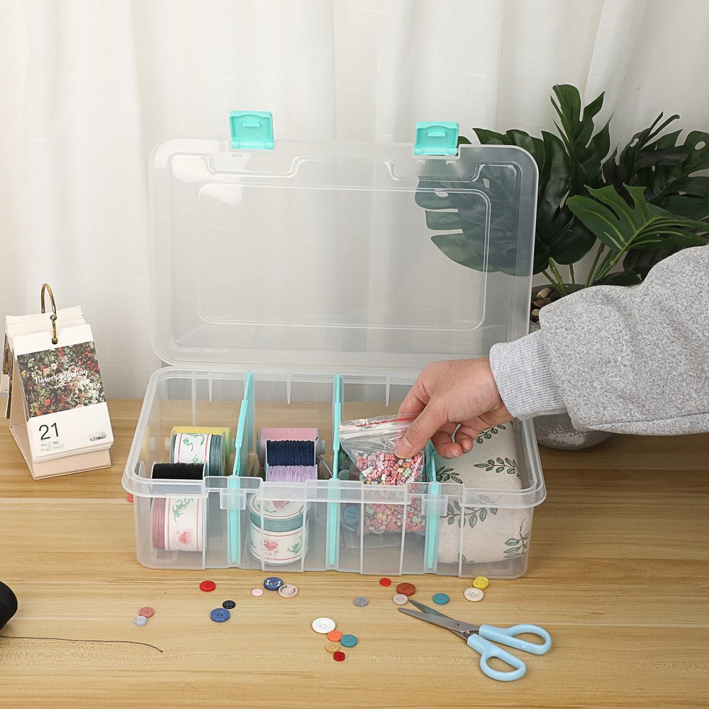 Clear Plastic Dividing Storage Box with 4 Compartments Adjustable Storage Bin...