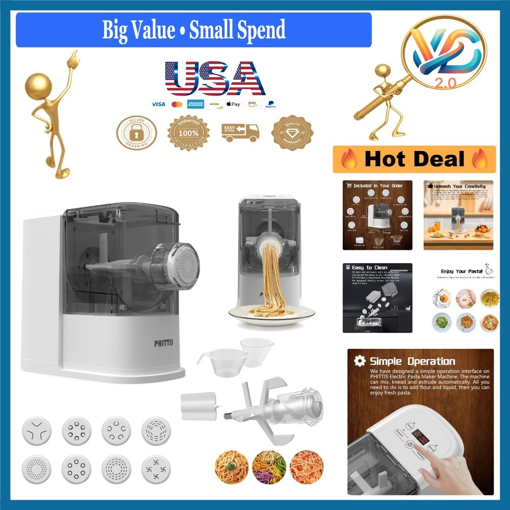 Electric Pasta Maker Machine Automatic 8 Discs Noodle Creator White