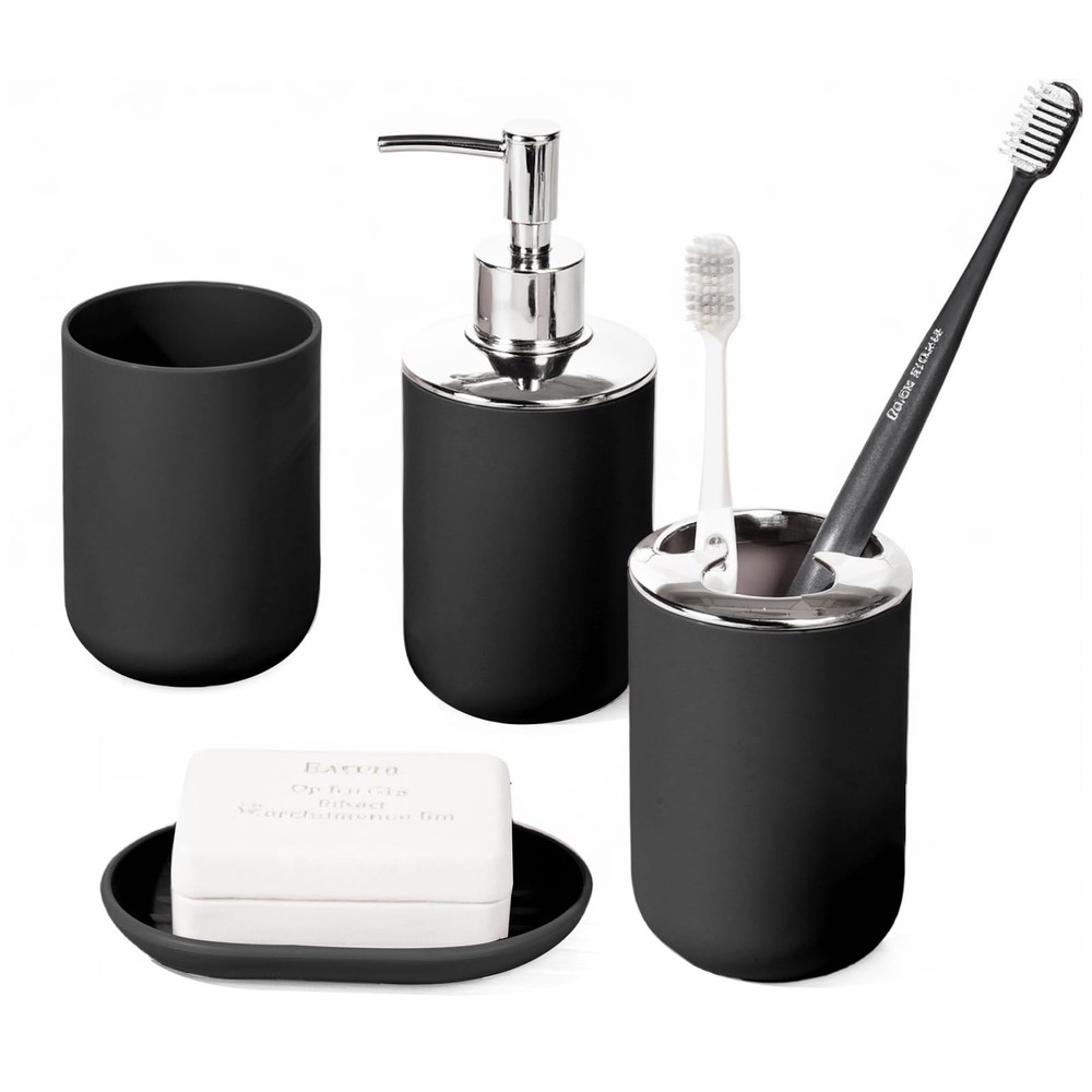 4 Piece Bathroom Accessory Set Black Modern Plastic