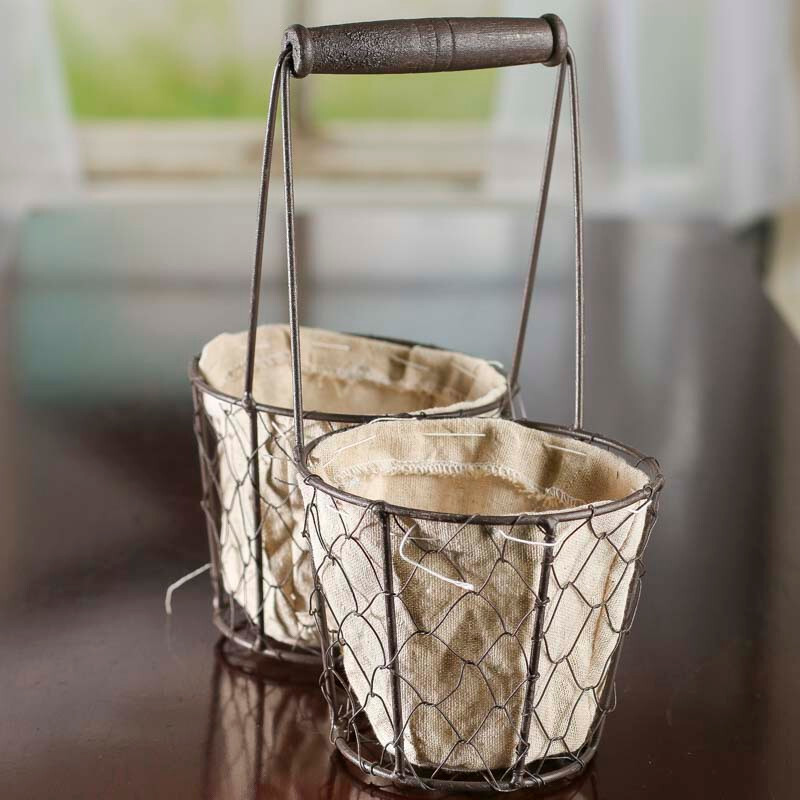 9-1/2" Rustic Brown Chicken Wire and Linen Basket