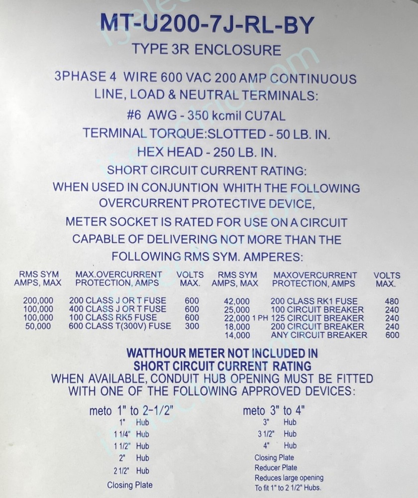 200 Amp Ringless Meter Socket / Base 3 Phase 4 Wire 7 Jaw OH/UG