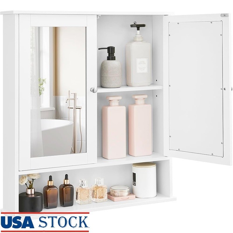 Bathroom Wall Cabinet W/ Mirrored Doors Height Adjustable Shelf Open Compartment