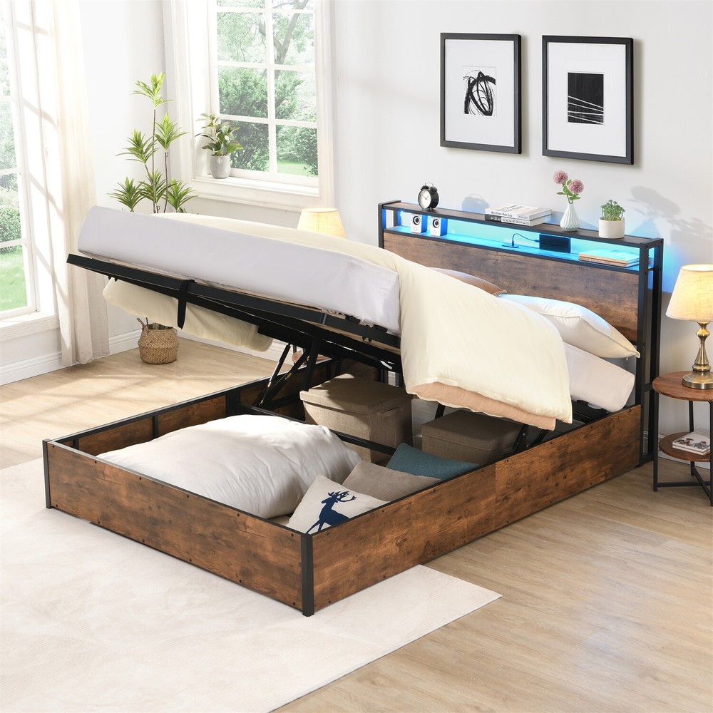 Full/Queen Size Bed Frame Wood Platform Bed Frame with Storage & LED Lights