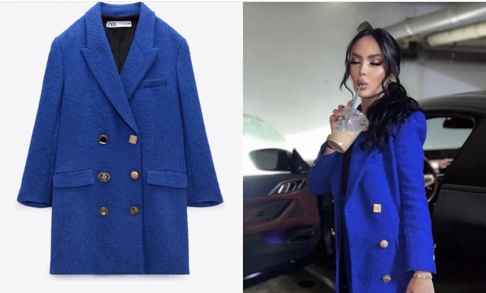 BNWT Zara Blue Textured Double Breasted Blazer Size M
