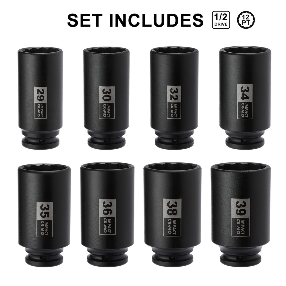Mayouko 8PCS 1/2" Deep Axle Nut Impact Socket Set CR-MO 12 Point Design