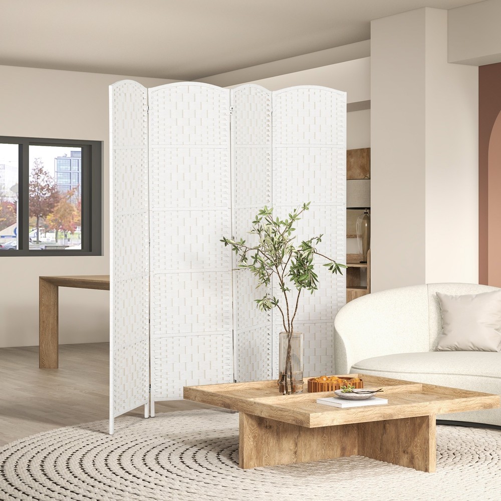 4 Weave Panel Room Divider Privacy Folding Screen Diamond Decor, White