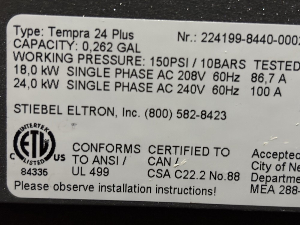 Stiebel Eltron Tempra 24 Plus 24kW Tankless Electric Water Heater (239222)