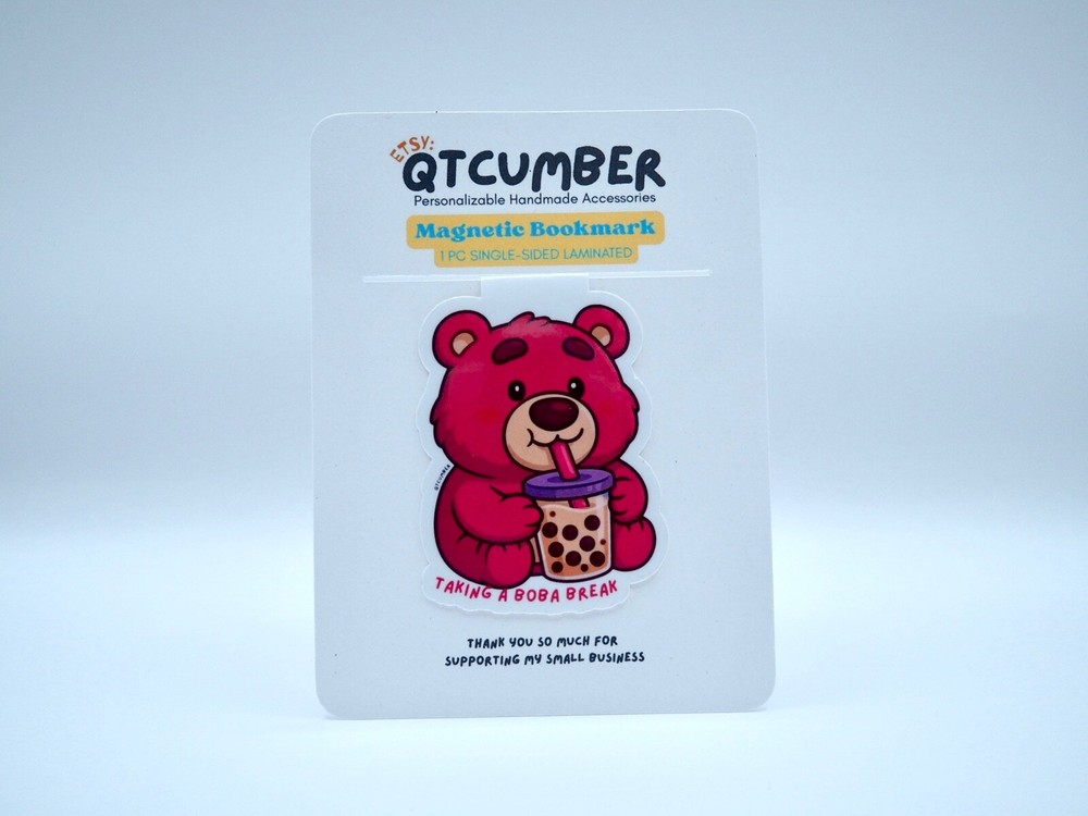 Boba milk tea pink bear magnetic bookmark