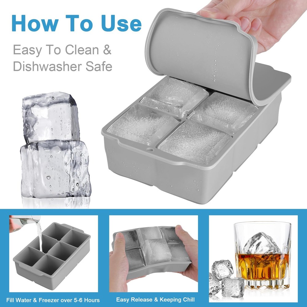 2 Pack Large Ice Cube Tray with Removable Lid Silicone Square Ice Cube Mold