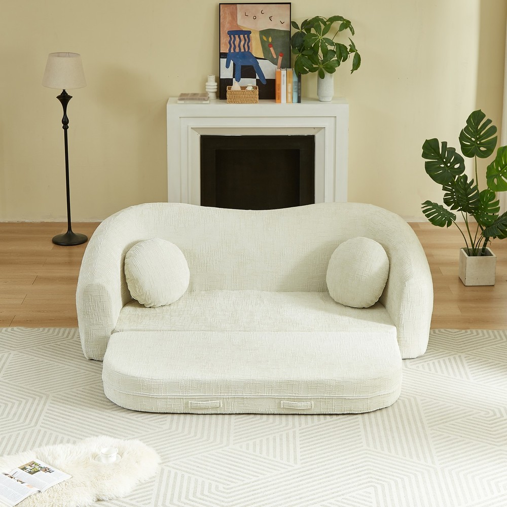 Curved Convertible Sofa Bed Folding Recliner Chenille Beige Sleeper