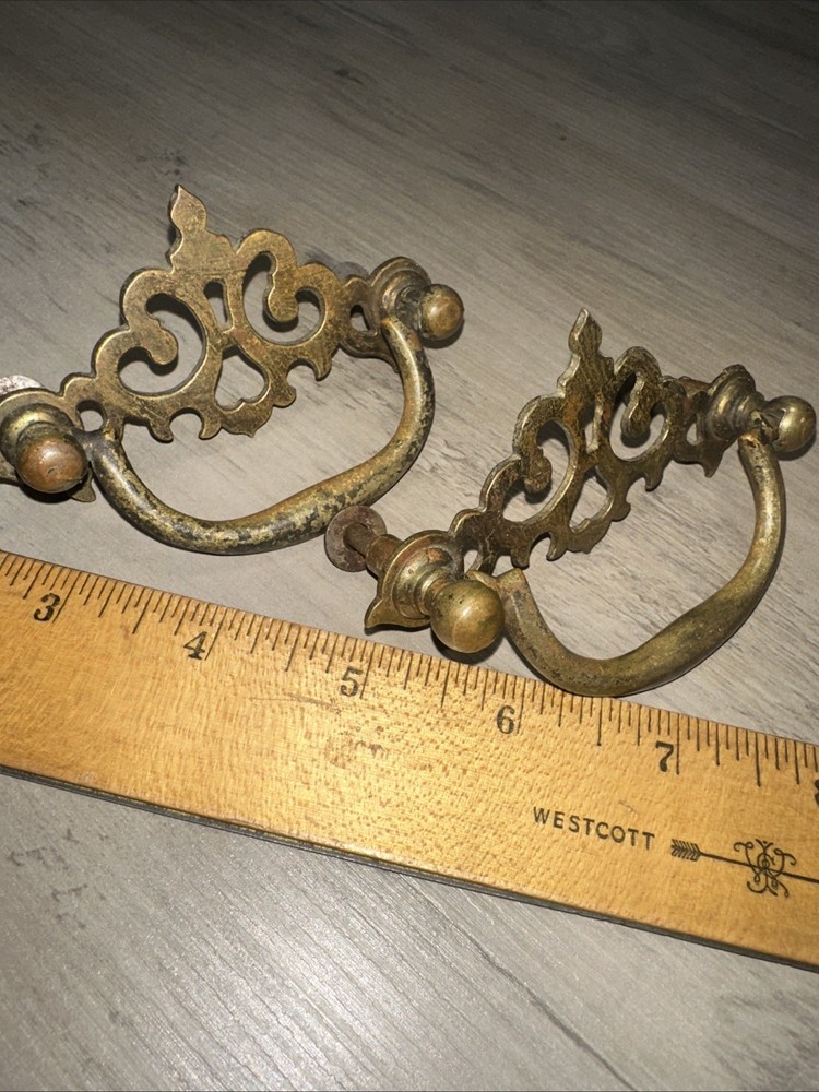 Antique Brass Drop Handle Drawer Cabinet Pulls. Nice Patina & Details Elegant!