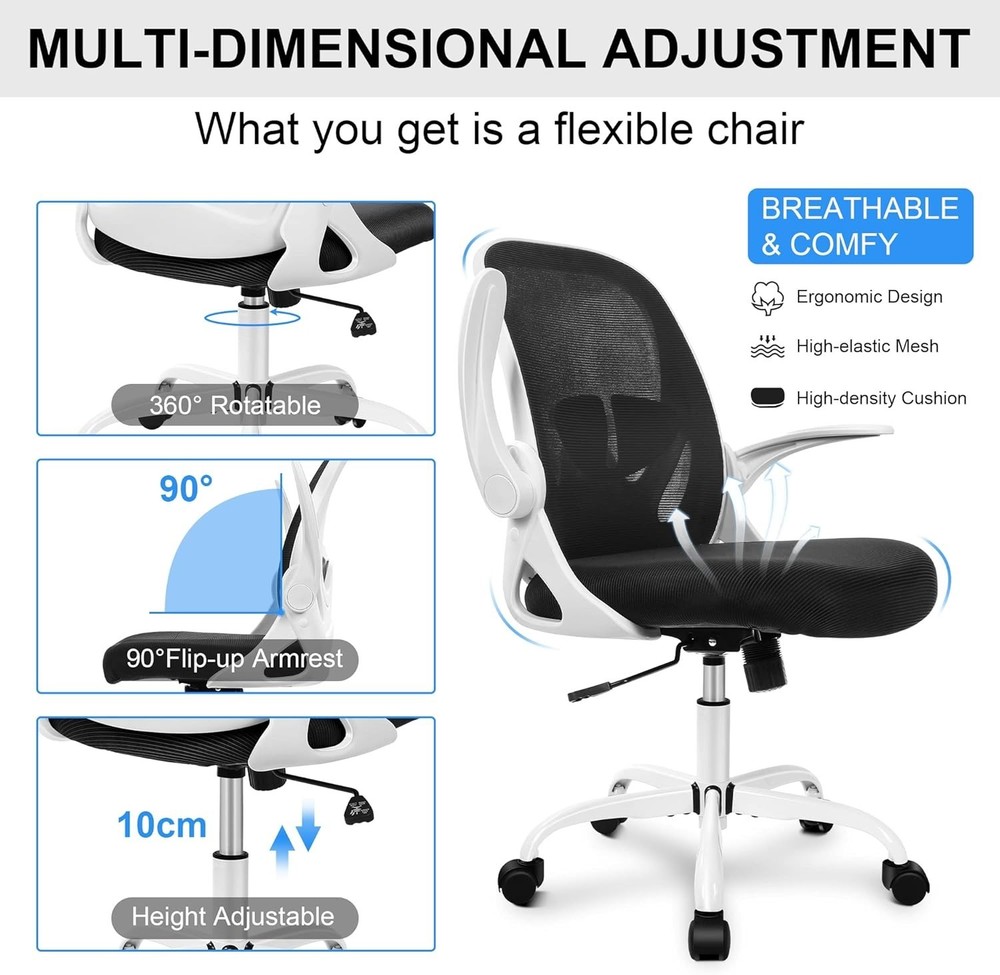 Elite Ergonomic Computer Chair - Adjustable Lumbar Support, Swivel Base, White