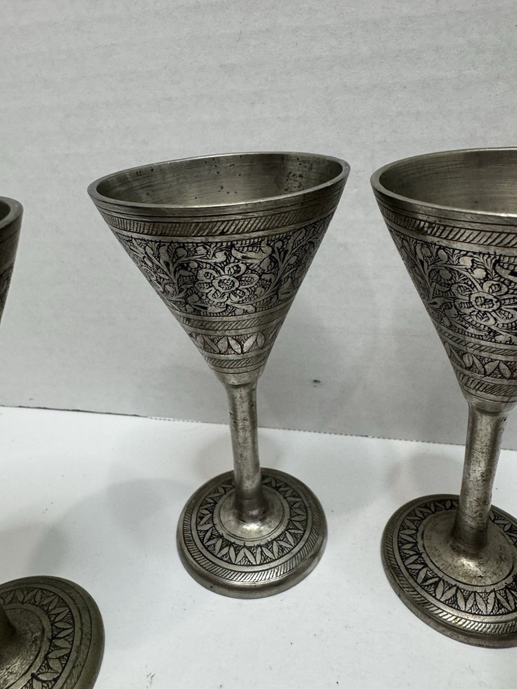 6 Vintage Small Solid Etched Brass Silver Wine Goblets/Whiskey Cups