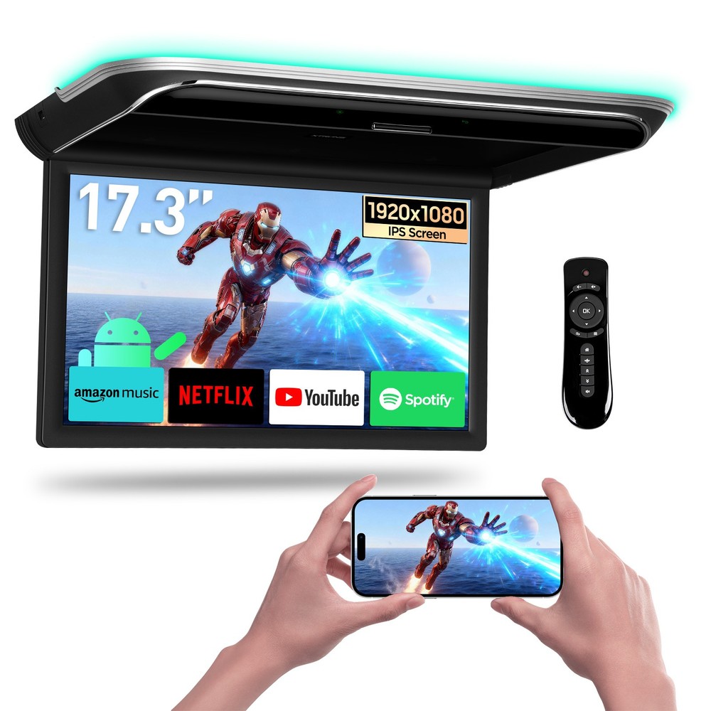 17.3" Car Ceiling Mount TV Android 14 Flip Down Screen 4K Octa Core HDMI WiFi