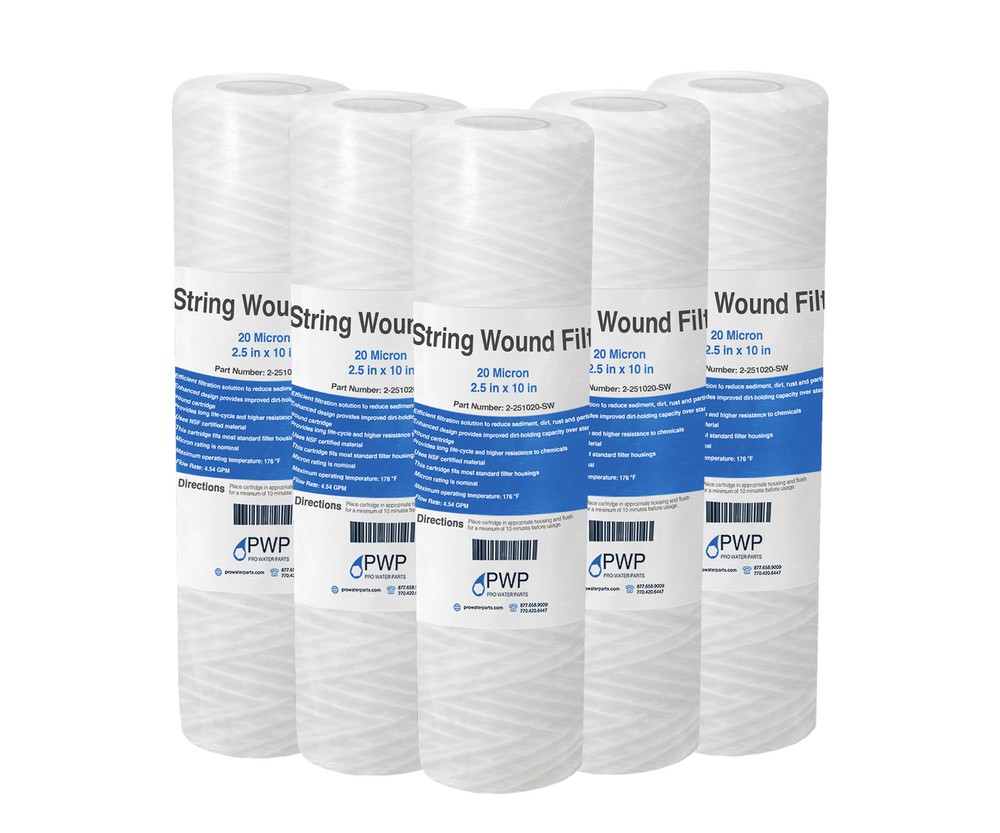 String Wound Sediment Water Filter Cartridge Standard 2.5x10" 20 Micron 5 Pack