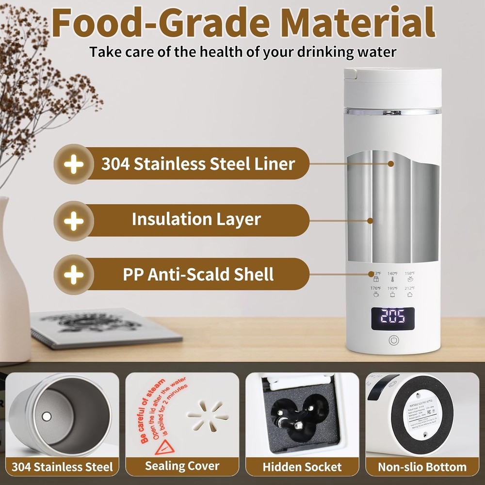 Compact Portable Electric Kettle, LCD Display with 6 Temperature Settings, 304 S