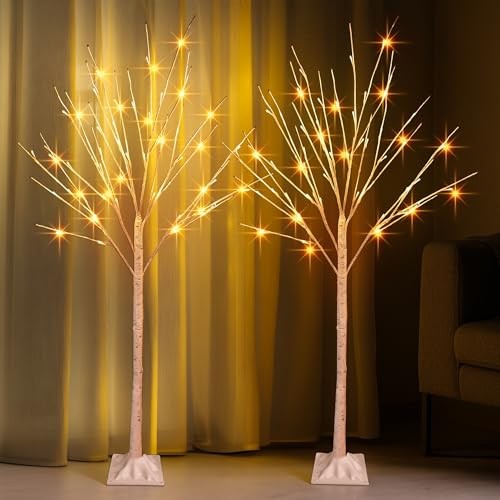 2 Pack Lighted Birch Tree, 4 FT Total 96 LED Pre-lit Artificial Christmas