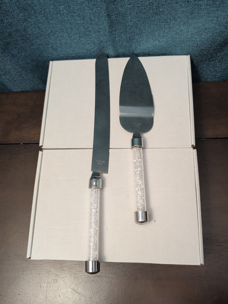 Mr & Mrs Wedding Cake Server Knife Set | Crystal Filled Bling Handle Stainless