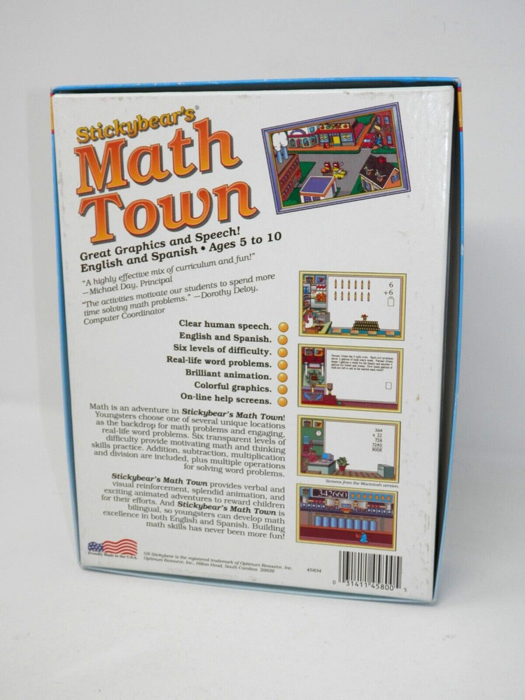 Vintage Stickybear's Math Town Macintosh Software - Floppy Disc Big Box Complete