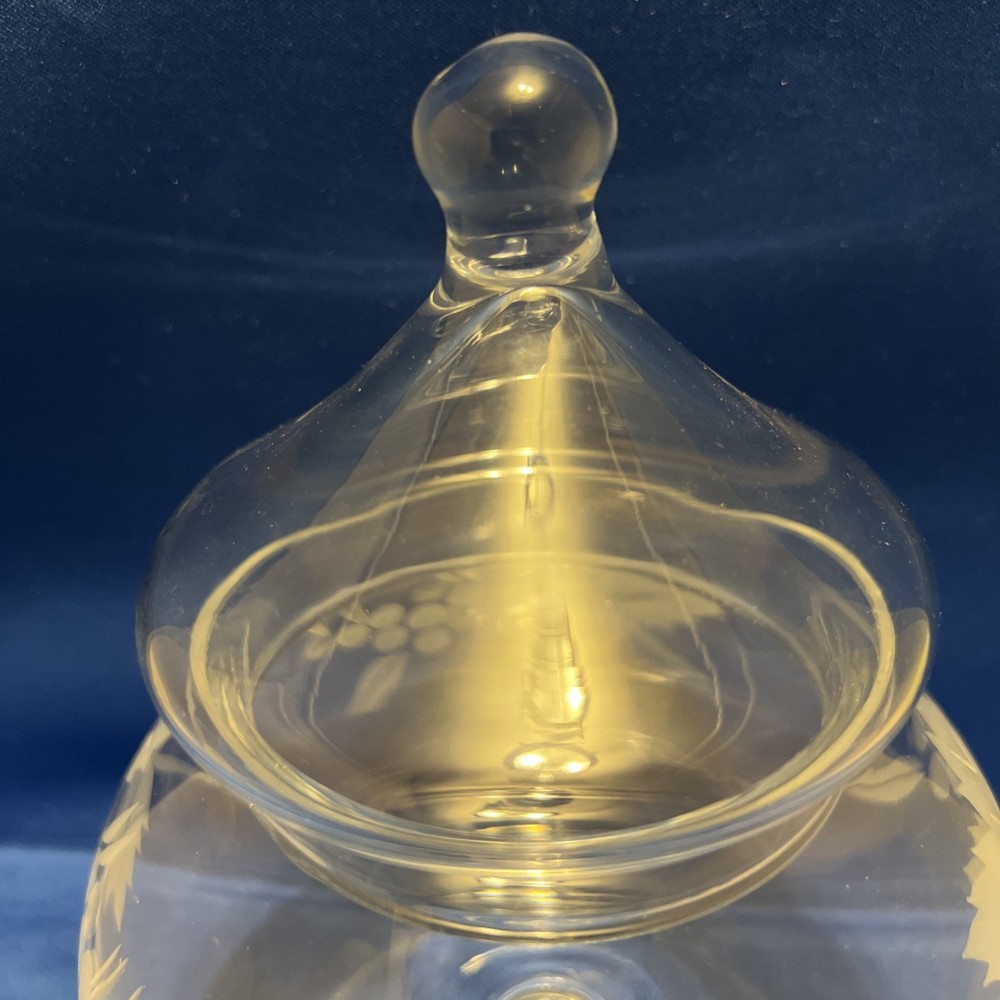 Vintage Leaf & Grape Pattern Etched Candy Dish With Lid 7.5”