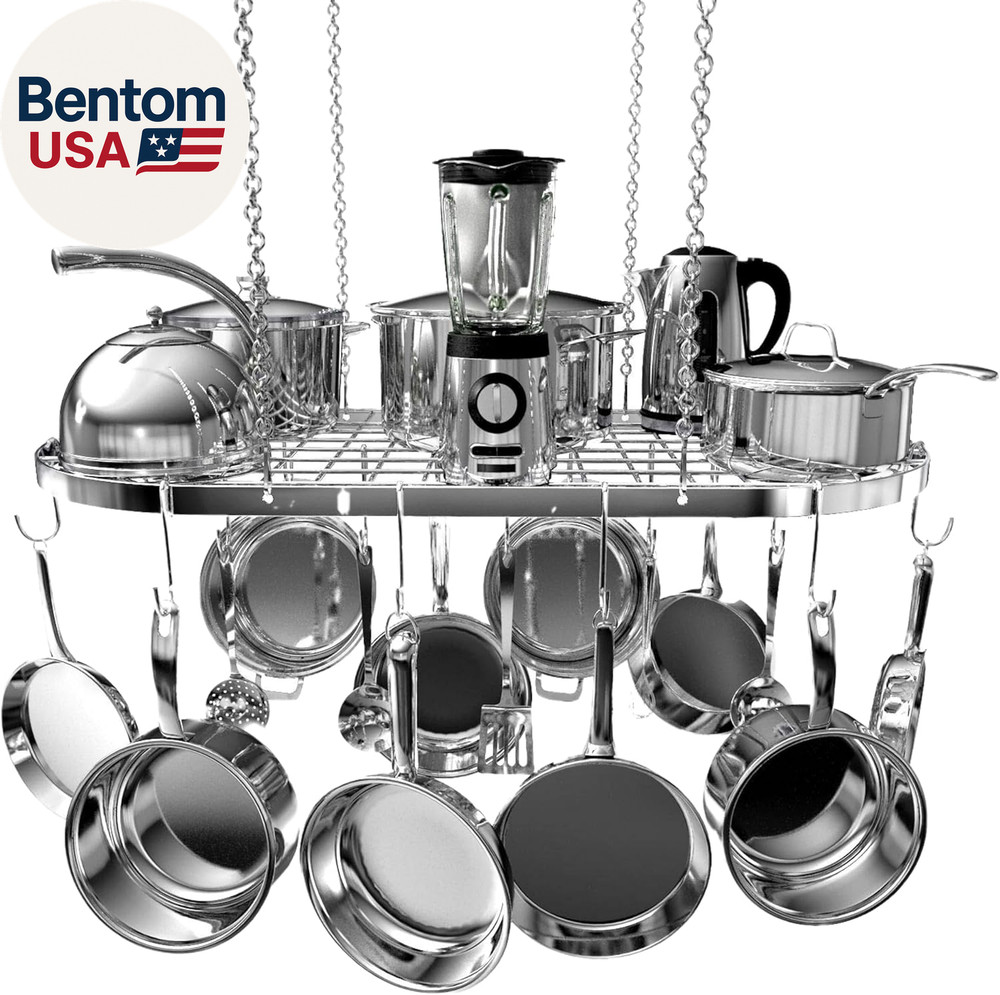 Hanging Pot Rack - Ceiling Mount Kitchen Organizer for Pots and Pans with 15 Hoo