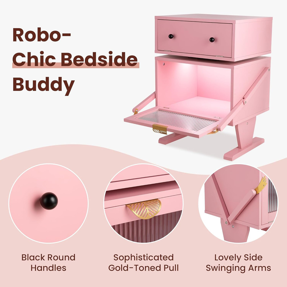 Modern Pink End Table with LED Light, Rotating Drawer & Storage