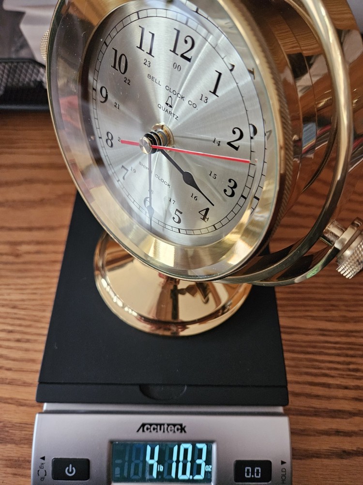 Solid Brass Ships Clock RARE Gimbal base, Bell Clock Company Quartz movement