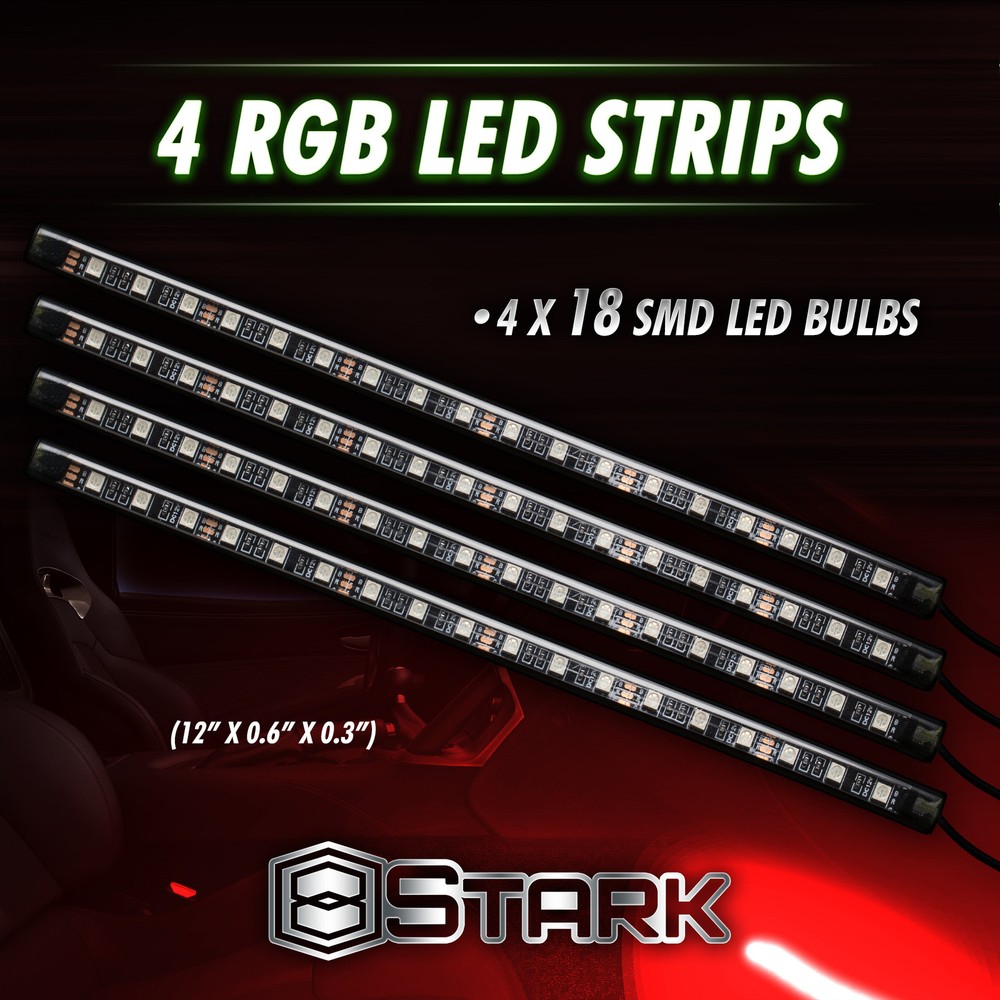 72 LED 5050 Wireless Remote RGB Car Interior Floor Under Dash Light Strips 4Pcs