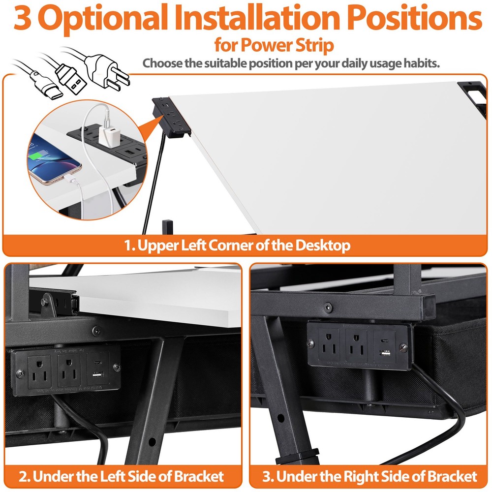 Adjustable Drafting Table Tilting Drawing Desk w/Charging Station & Stool White