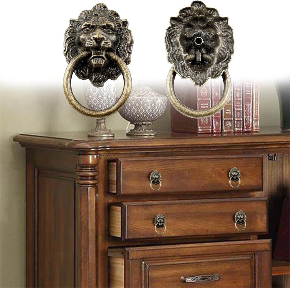 6 Pcs Lion Head Knobs Pull, Antique Bronze Ring Pull Handles for Dresser Drawers