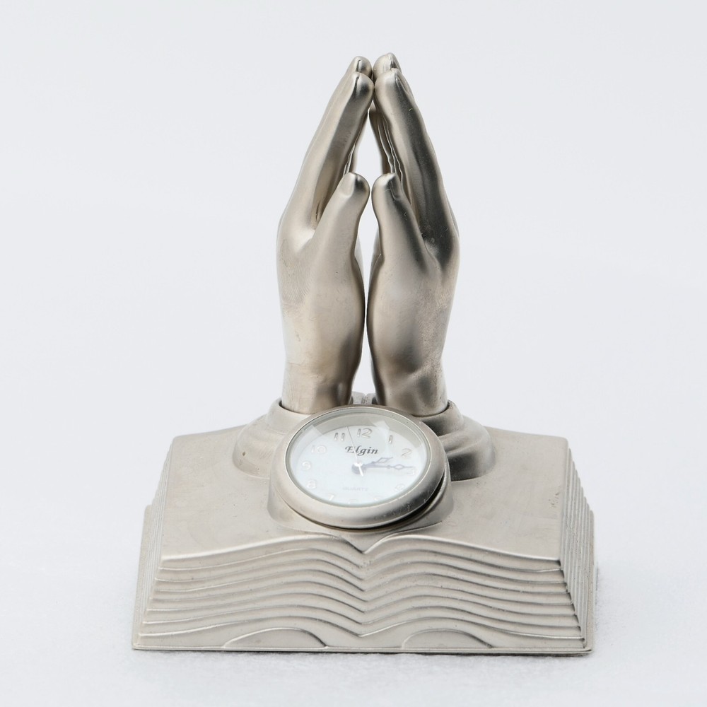 Elgin PRAYING HANDS Matte Silver Metal Mini Clock Figurine
