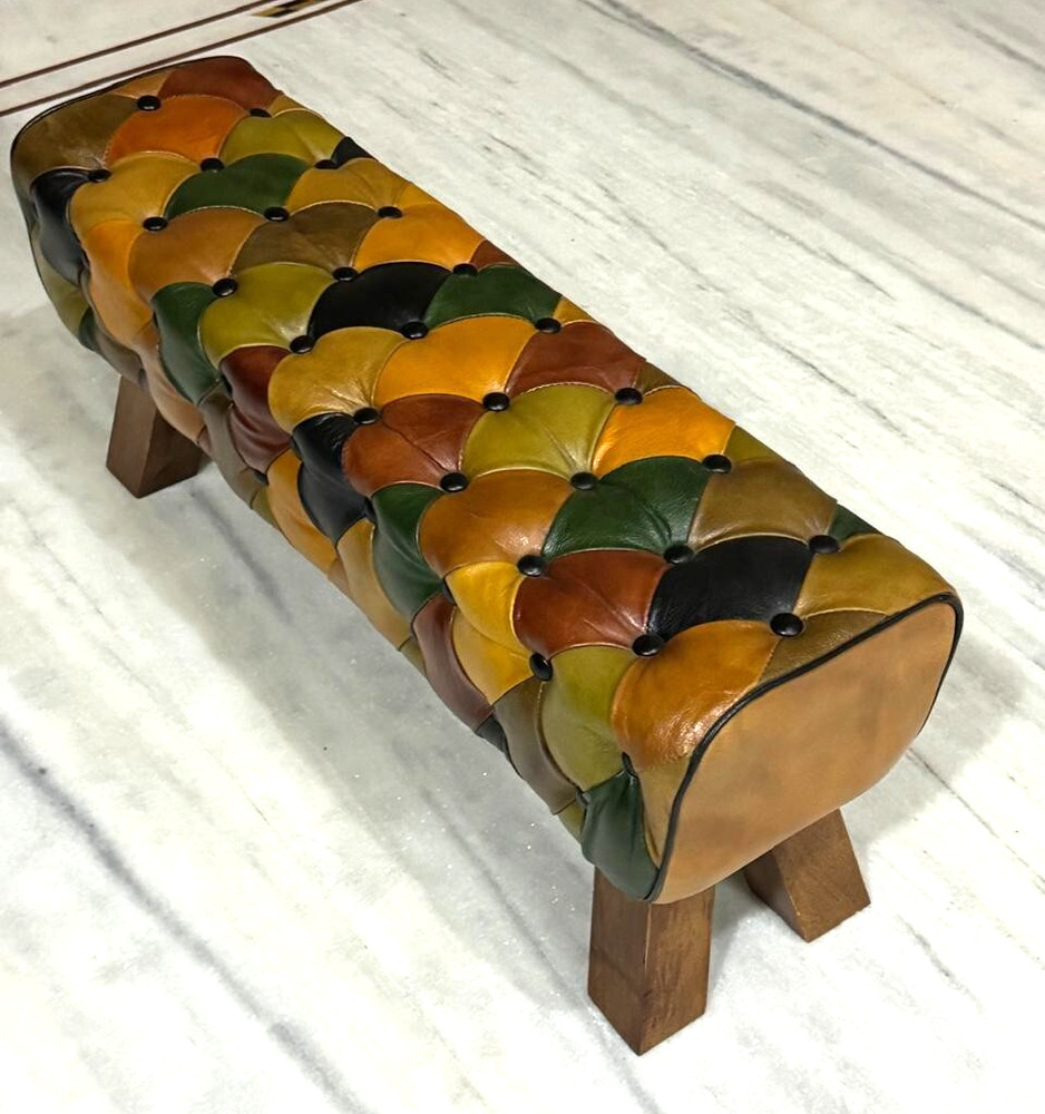 Modern Handmade Ottoman Leather Bench Vintage Bohemian Style Solid Wood