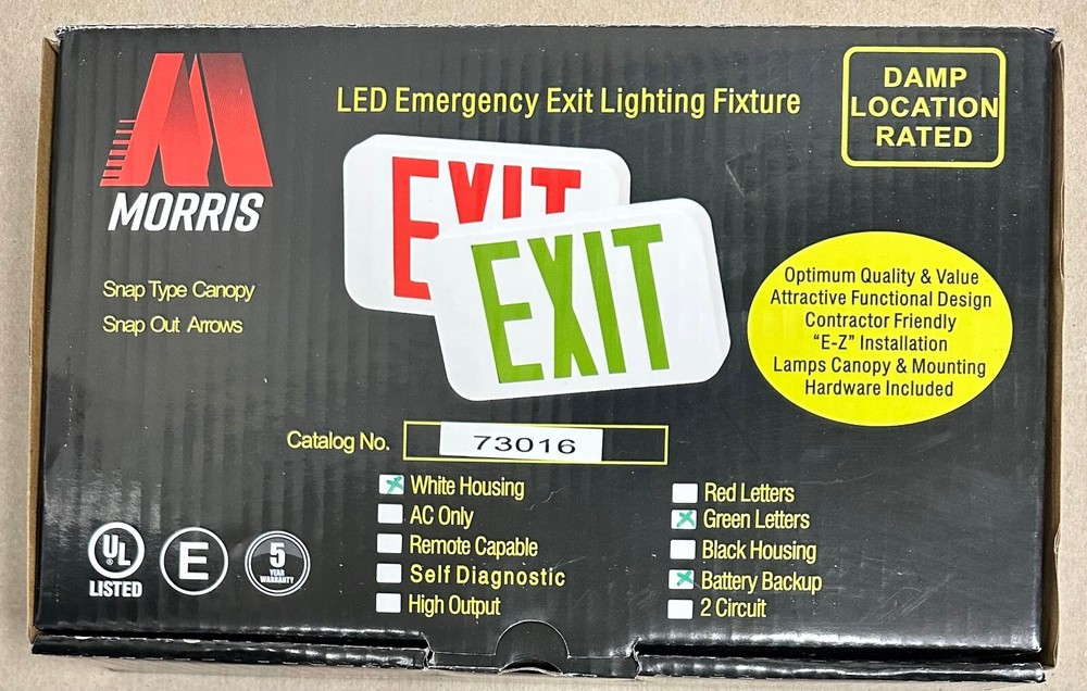 MORRIS 73016 Green Letters LED Emergency Exit Sign White Battery Backup
