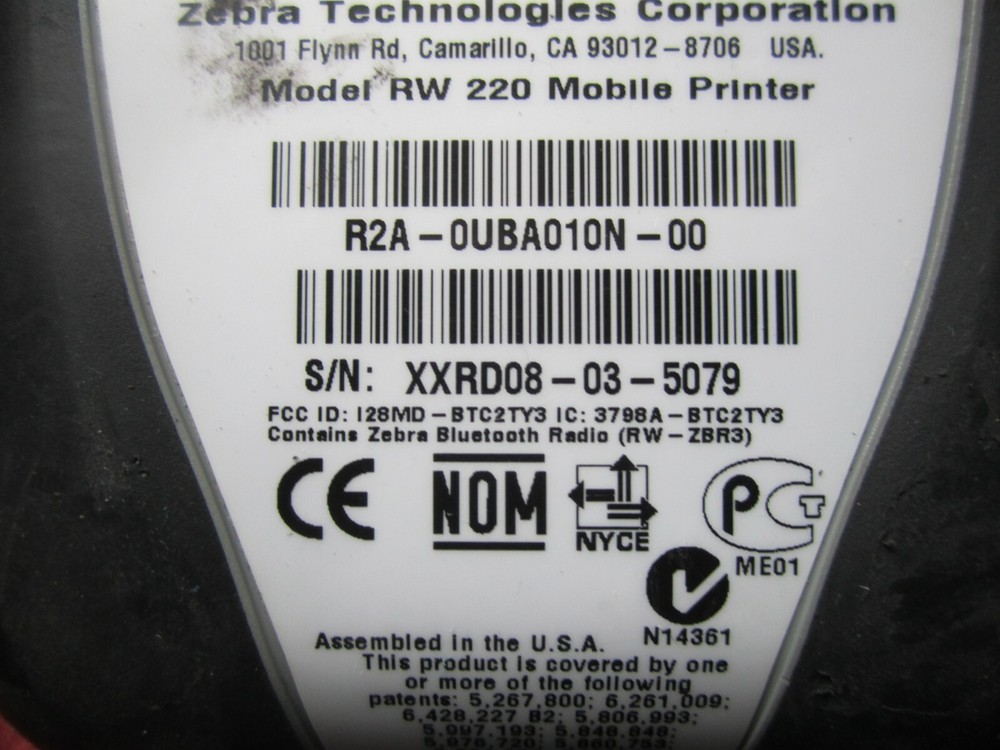 Zebra RW220 bluetooth Thermal Printer with power adapter