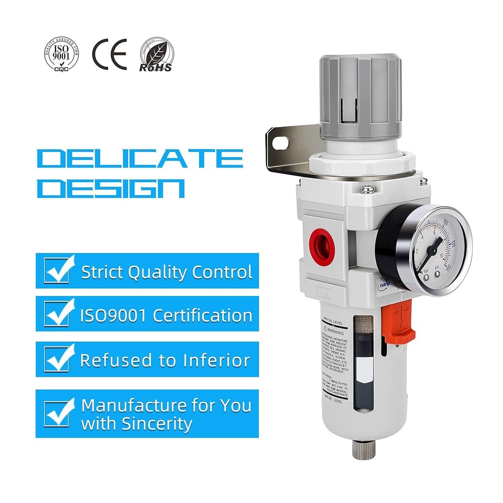 Air Filter Regulator Combo 1/2" NPT Brass Element Semi-Auto Drain