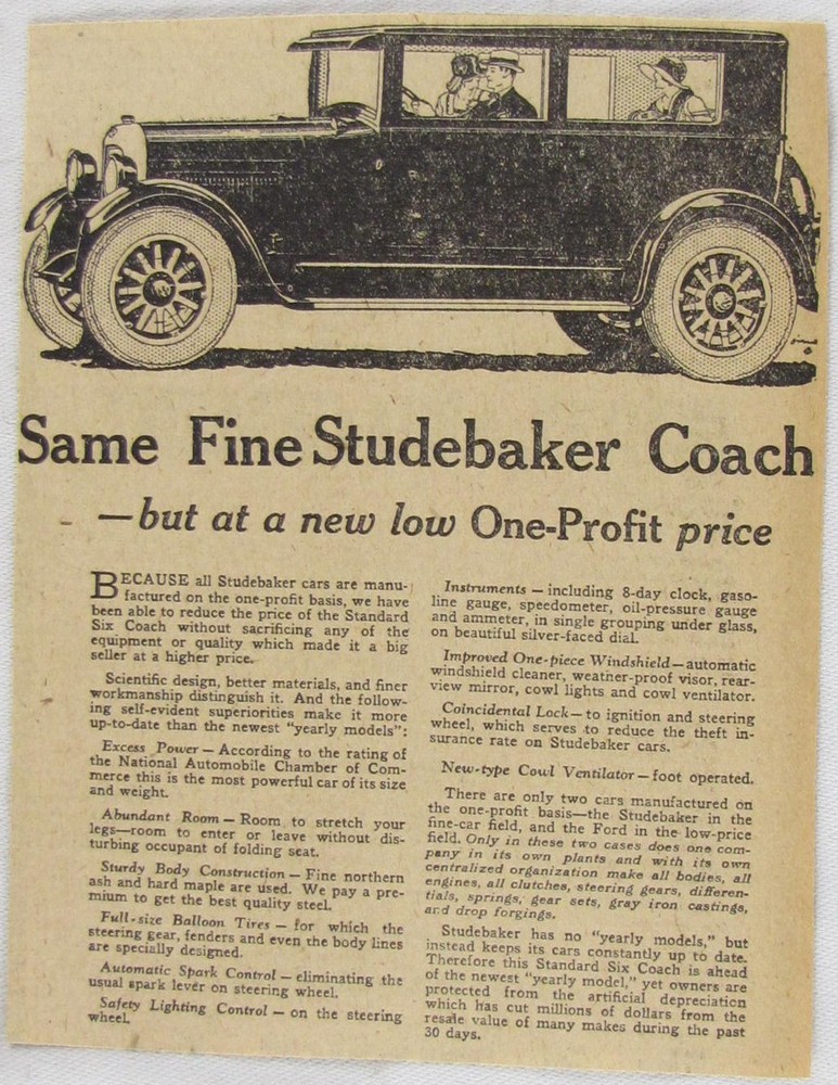 Vintage 1925 STUDEBAKER Coach Car Newspaper Print Ad