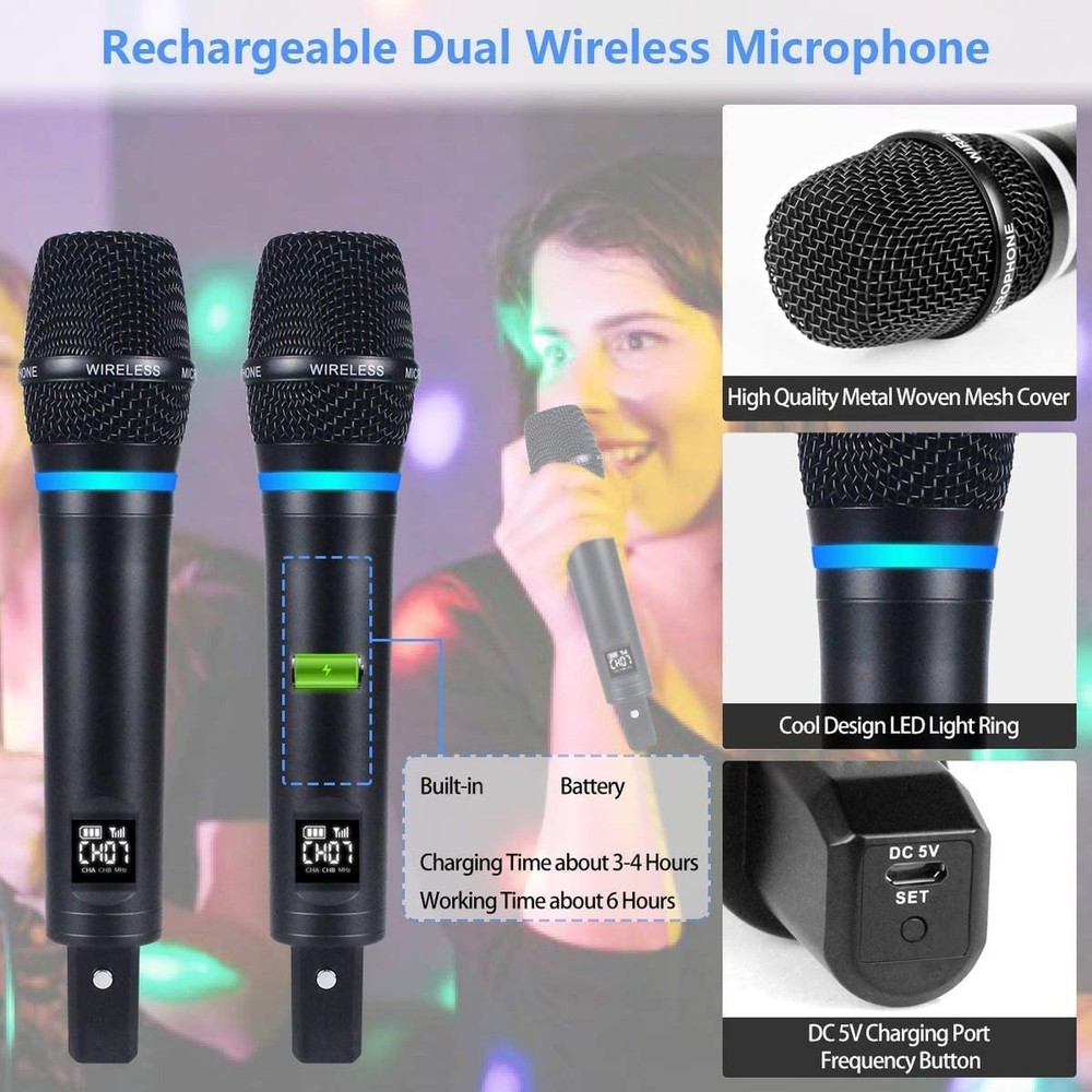 S9 UHF Rechargeable Wireless Microphone System Karaoke Mic Dual Handheld