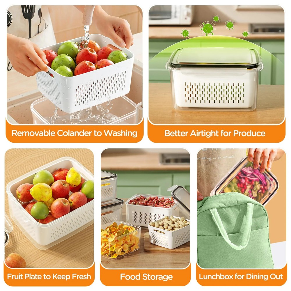5 Pack Fruit Storage Containers for Fridge with Removable Colanders and Lids, 5