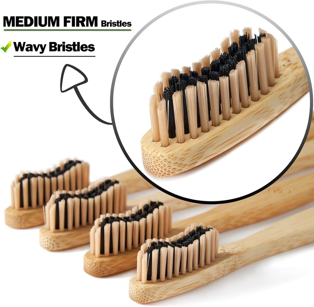 10 Pack Bamboo Toothbrushes – Charcoal Soft & Medium Bristles, Eco Friendly Wood