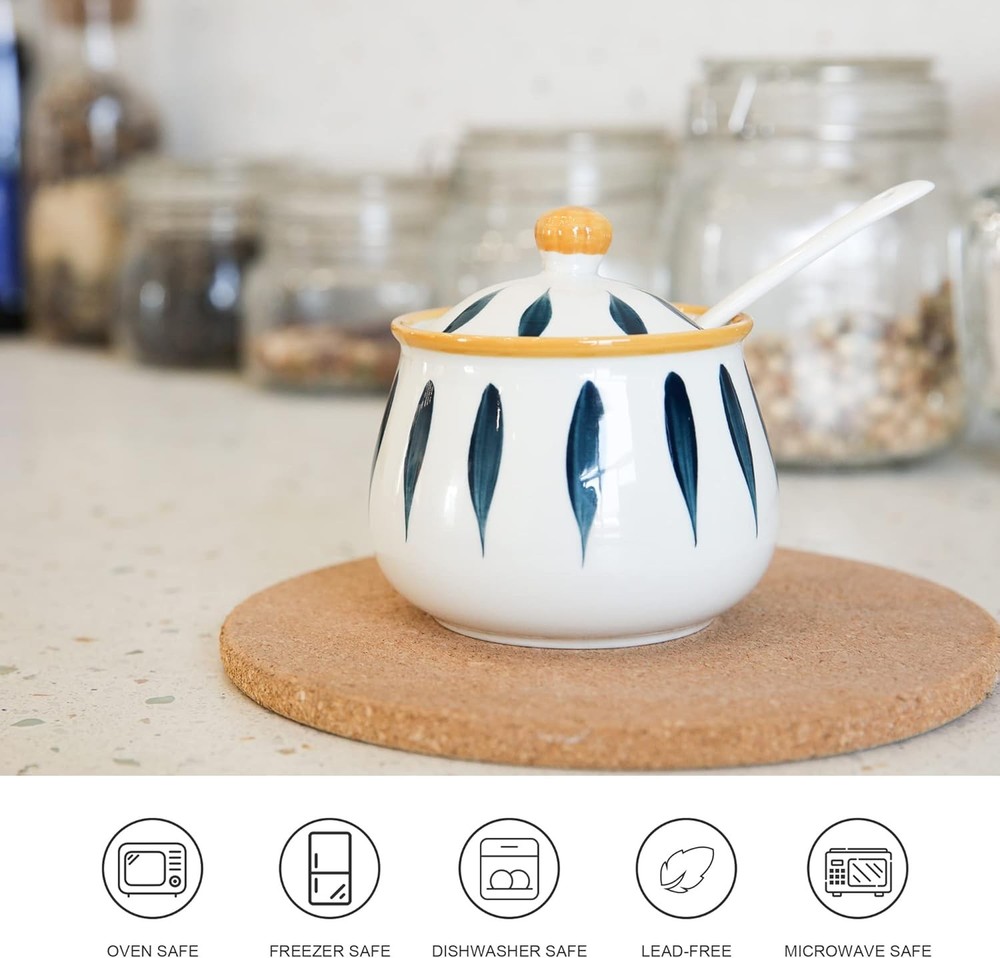Ceramic Sugar Bowl with Lid and Spoon 12oz Kitchen Countertop Container Sugar