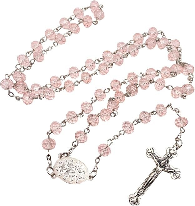 Pink Crystallized Glass Beads Rosary Necklace with Miraculous Medal