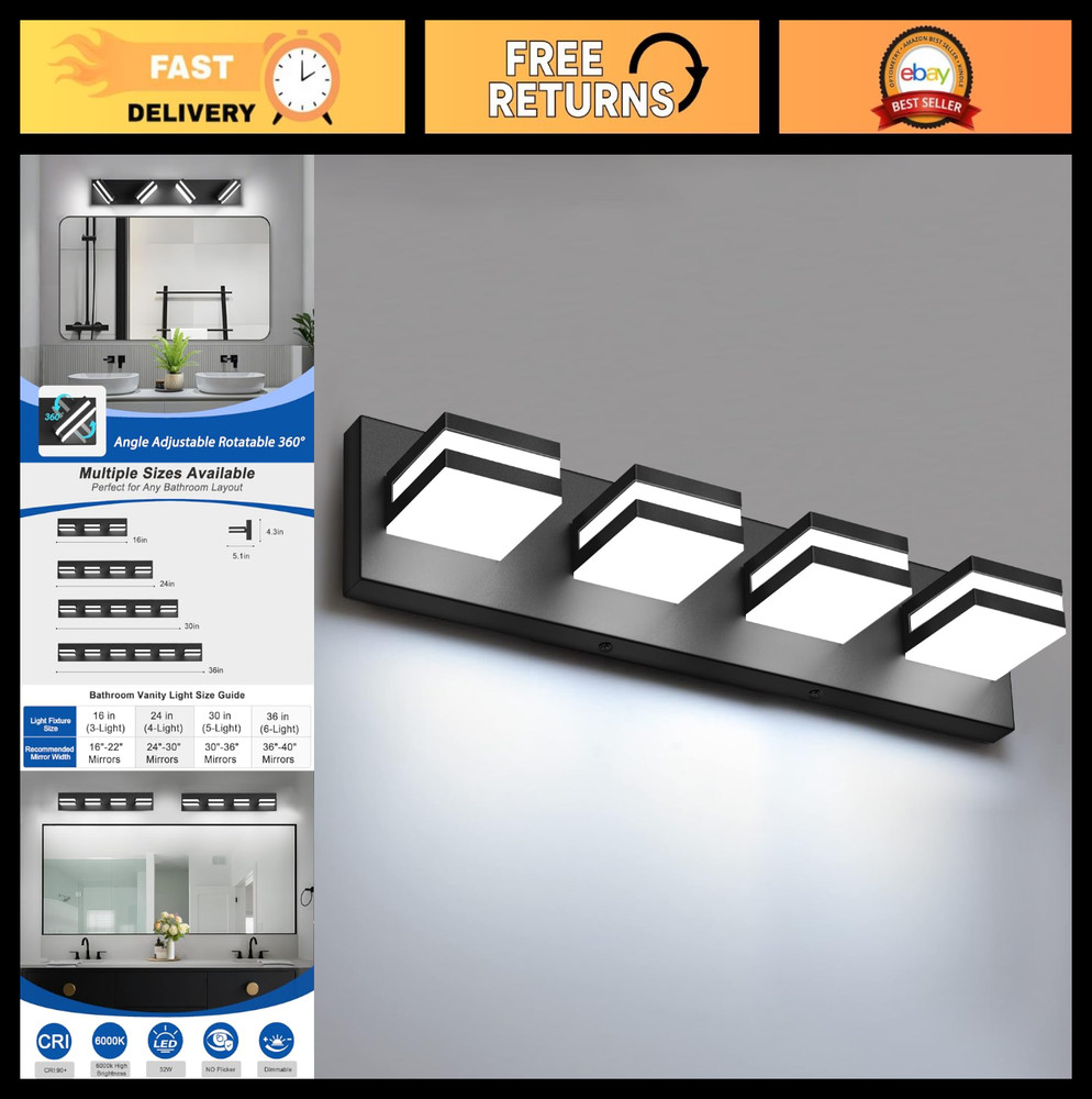 Dimmable 4-Light LED Bathroom Vanity Lights, 360° Rotatable Matte Black Wall Fix