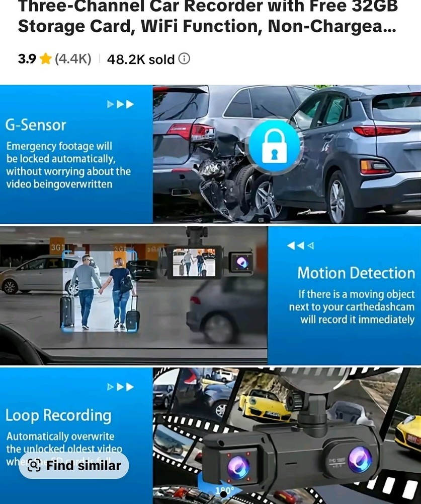 3 channel car recorder with free 32GB Storage card, Wifi function