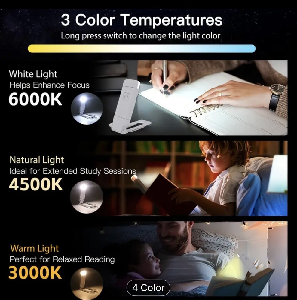 USB LED Rechargeable Folding Book Light for Reading -book Accessoy, White