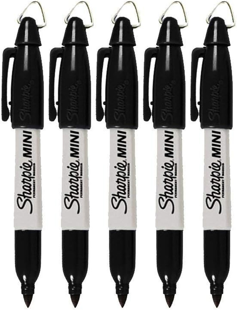 Mini Permanent Markers with Golf Keychain Clips, Fine Point, Black Ink, 5-Pack